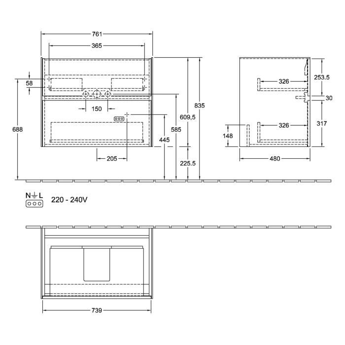 Villeroy & Boch Collaro Waschtischunterschrank 76,1 x 61 cm , mit LED-Beleuchtung, mit 2 Auszügen