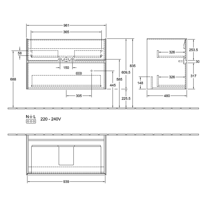 Villeroy & Boch Collaro Waschtischunterschrank 96,1 x 61 cm , mit LED-Beleuchtung, mit 2 Auszügen