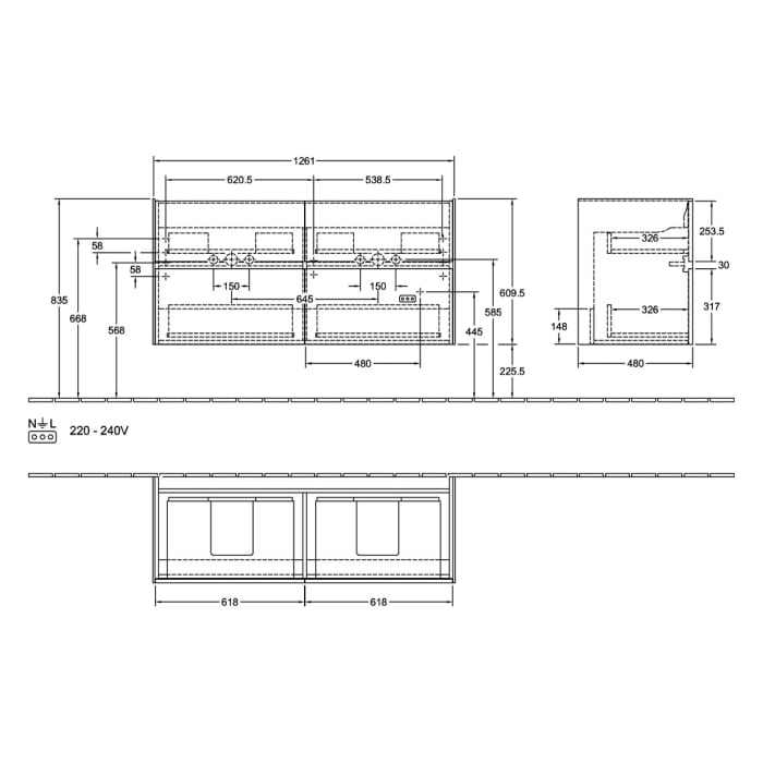 Villeroy & Boch Collaro Waschtischunterschrank 126,1 x 61 cm , mit LED-Beleuchtung, mit 4 Auszügen