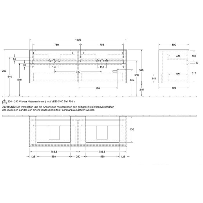 Villeroy & Boch Collaro Waschtischunterschrank 160 x 54,8 cm mit 4 Auszügen und LED Licht, für WT beidseitig ohne Ausschnitt