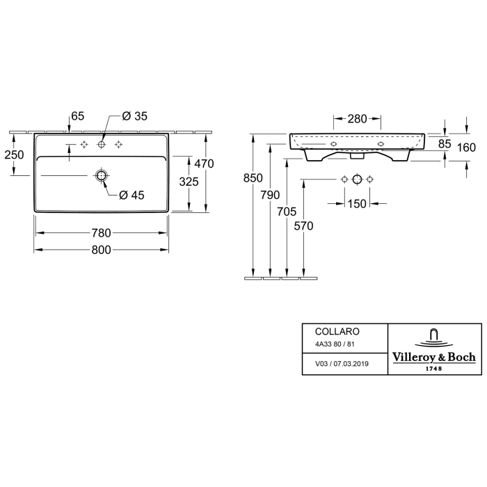 Villeroy & Boch Collaro Schrankwaschtisch 80 cm mit Überlauf, 1 Hahnloch
