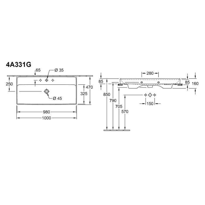 Villeroy & Boch Collaro Schrankwaschtisch 100 cm geschliffen, mit Überlauf, 1 Hahnloch