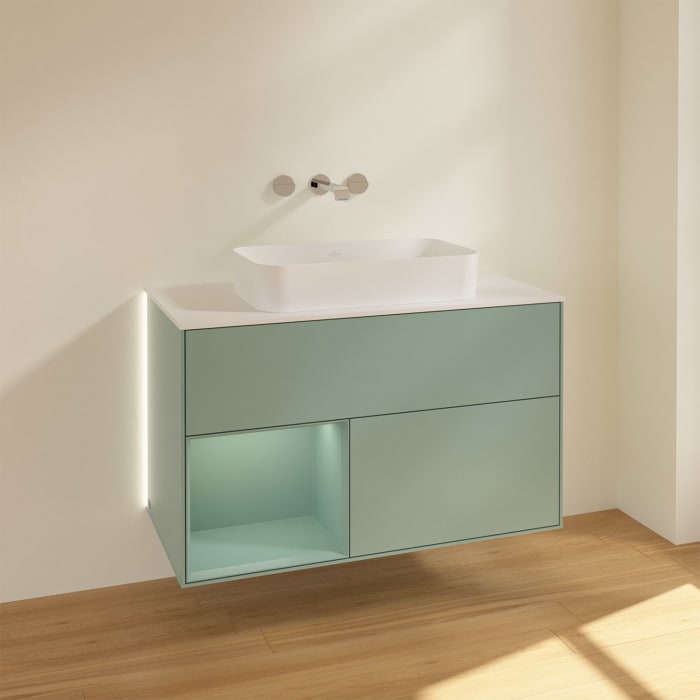 Villeroy & Boch Finion Waschtischunterschrank 100 cm mit Regalelement links und Abdeckplatte, mit Wandbeleuchtung