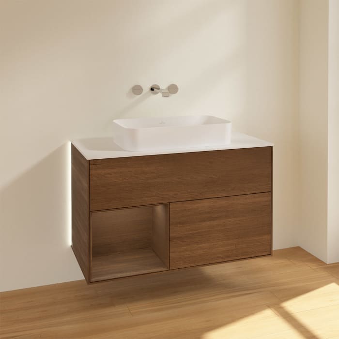 Villeroy & Boch Finion Waschtischunterschrank 100 cm mit Regalelement links und Abdeckplatte, mit Wandbeleuchtung