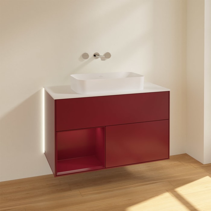 Villeroy & Boch Finion Waschtischunterschrank 100 cm mit Regalelement links und Abdeckplatte, mit Wandbeleuchtung