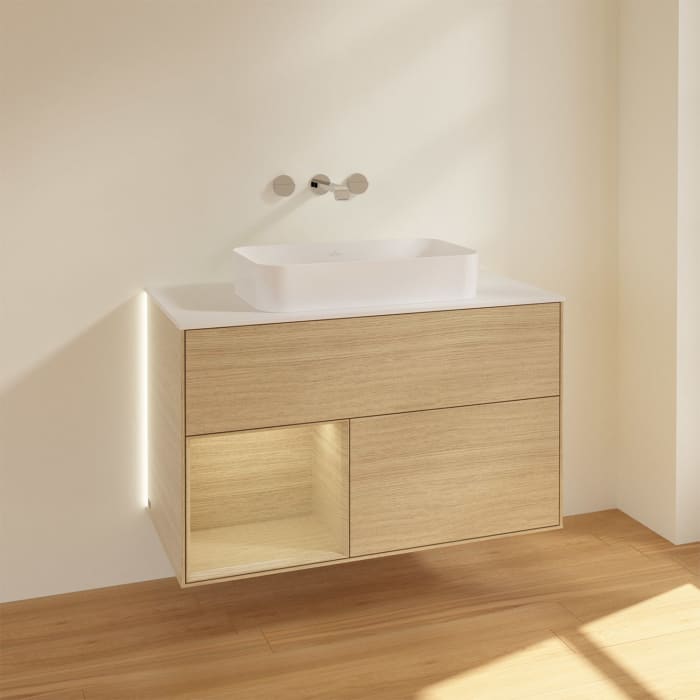 Villeroy & Boch Finion Waschtischunterschrank 100 cm mit Regalelement links und Abdeckplatte, mit Wandbeleuchtung