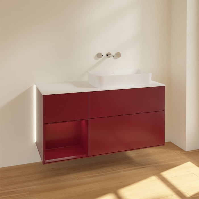 Villeroy & Boch Finion Waschtischunterschrank 120 cm mit Regalelement links und Abdeckplatte, mit Wandbeleuchtung