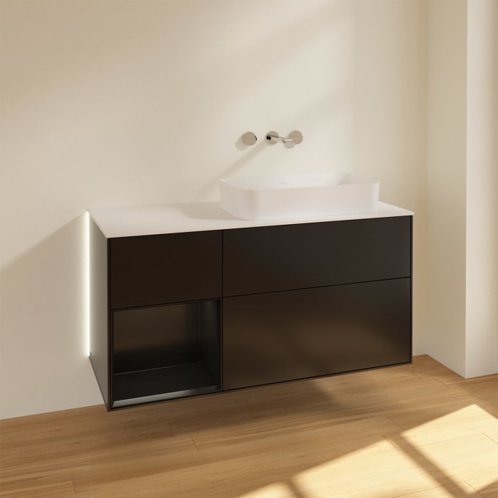 Villeroy & Boch Finion Waschtischunterschrank 120 cm mit Regalelement links und Abdeckplatte, mit Wandbeleuchtung