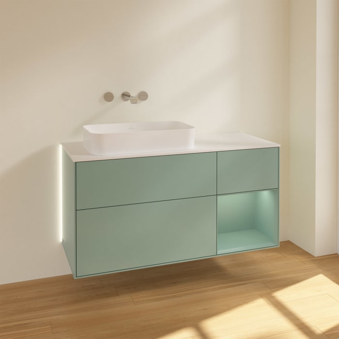 Villeroy & Boch Finion Waschtischunterschrank 120 cm mit Regalelement rechts und Abdeckplatte, mit Wandbeleuchtung