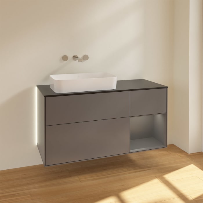 Villeroy & Boch Finion Waschtischunterschrank 120 cm mit Regalelement rechts und Abdeckplatte, mit Wandbeleuchtung