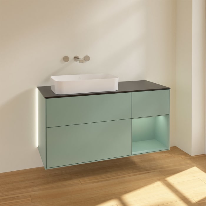 Villeroy & Boch Finion Waschtischunterschrank 120 cm mit Regalelement rechts und Abdeckplatte, mit Wandbeleuchtung