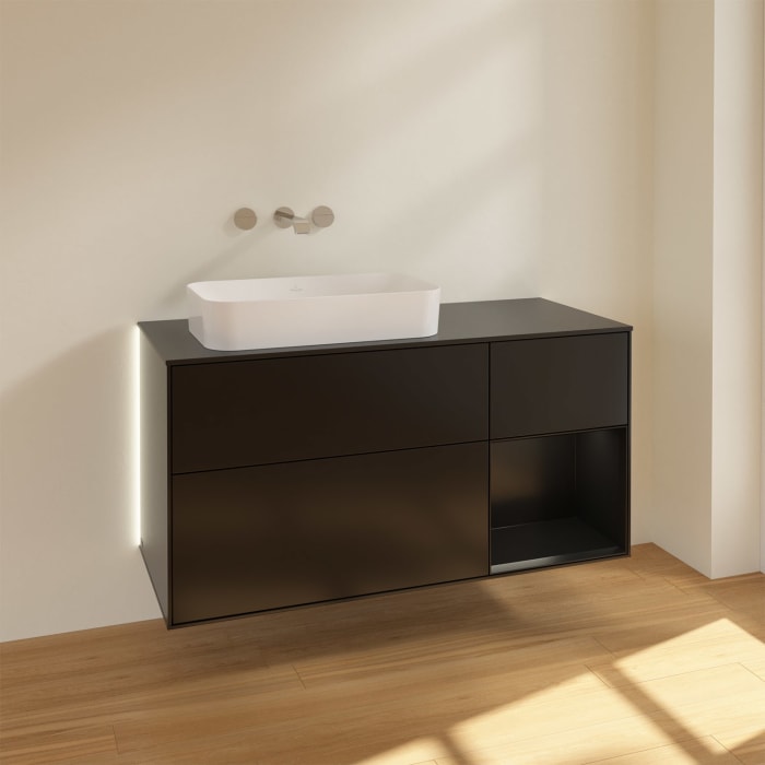 Villeroy & Boch Finion Waschtischunterschrank 120 cm mit Regalelement rechts und Abdeckplatte, mit Wandbeleuchtung