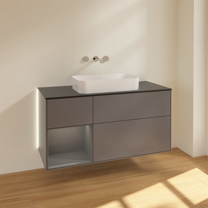 Villeroy & Boch Finion Waschtischunterschrank 120 cm mit Regalelement links und Abdeckplatte, mit Wandbeleuchtung