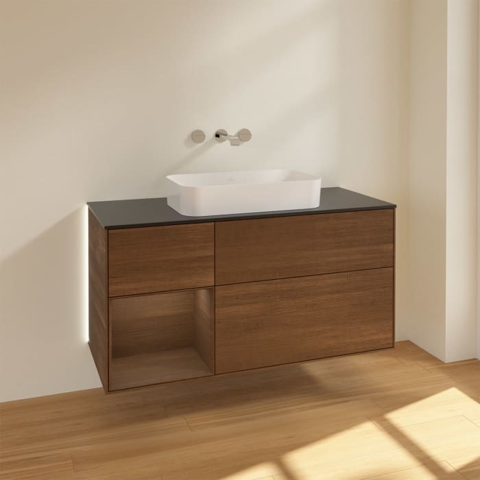 Villeroy & Boch Finion Waschtischunterschrank 120 cm mit Regalelement links und Abdeckplatte, mit Wandbeleuchtung