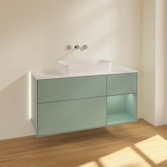 Villeroy & Boch Finion Waschtischunterschrank 120 cm mit Regalelement rechts und Abdeckplatte, mit Wandbeleuchtung