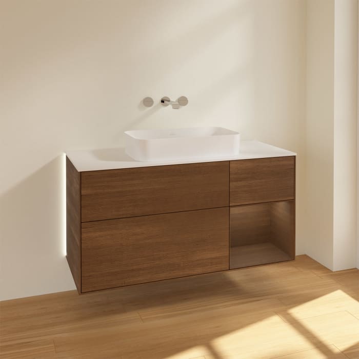 Villeroy & Boch Finion Waschtischunterschrank 120 cm mit Regalelement rechts und Abdeckplatte, mit Wandbeleuchtung