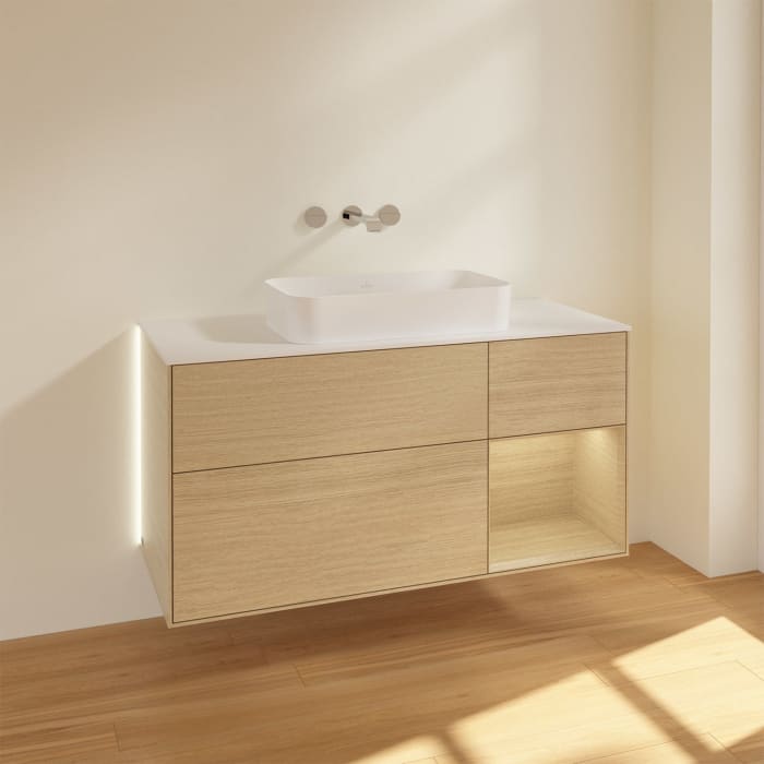 Villeroy & Boch Finion Waschtischunterschrank 120 cm mit Regalelement rechts und Abdeckplatte, mit Wandbeleuchtung