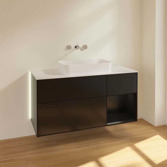 Villeroy & Boch Finion Waschtischunterschrank 120 cm mit Regalelement rechts und Abdeckplatte, mit Wandbeleuchtung