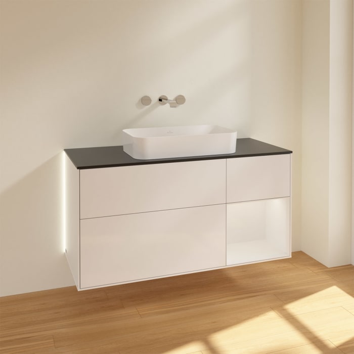 Villeroy & Boch Finion Waschtischunterschrank 120 cm mit Regalelement rechts und Abdeckplatte, mit Wandbeleuchtung