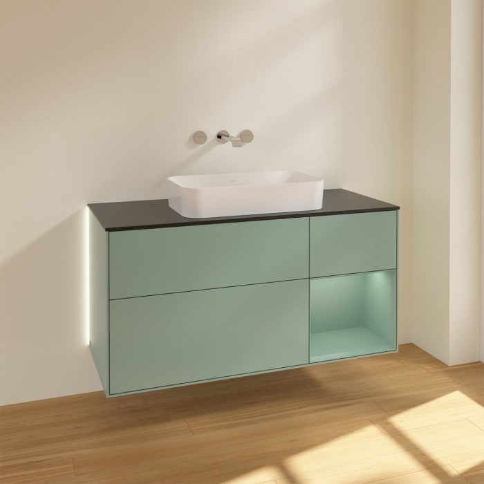 Villeroy & Boch Finion Waschtischunterschrank 120 cm mit Regalelement rechts und Abdeckplatte, mit Wandbeleuchtung