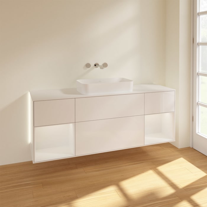 Villeroy & Boch Finion Waschtischunterschrank 160 cm mit Regalelement links und rechts und Abdeckplatte, mit Wandbeleuchtung