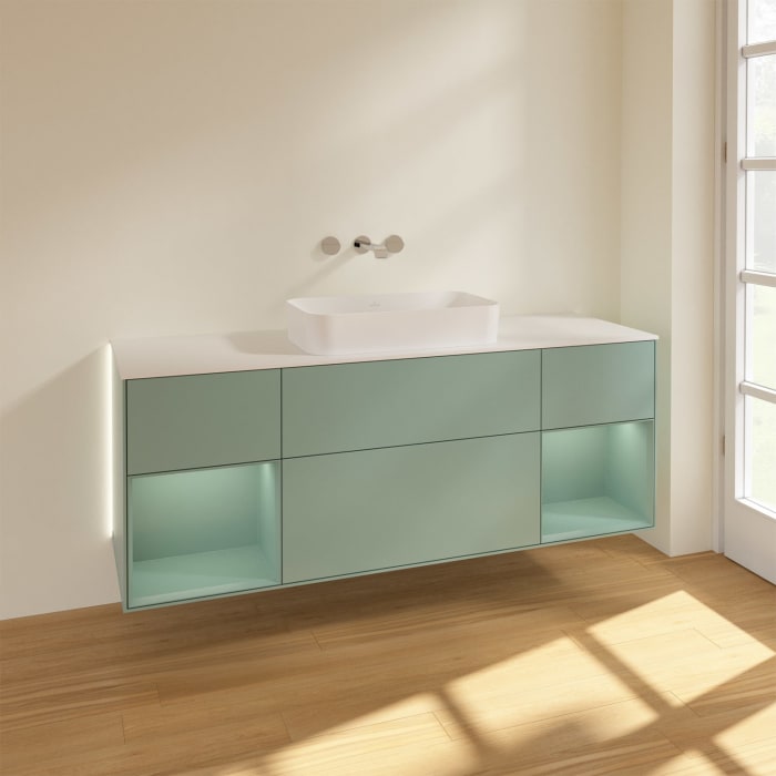 Villeroy & Boch Finion Waschtischunterschrank 160 cm mit Regalelement links und rechts und Abdeckplatte, mit Wandbeleuchtung