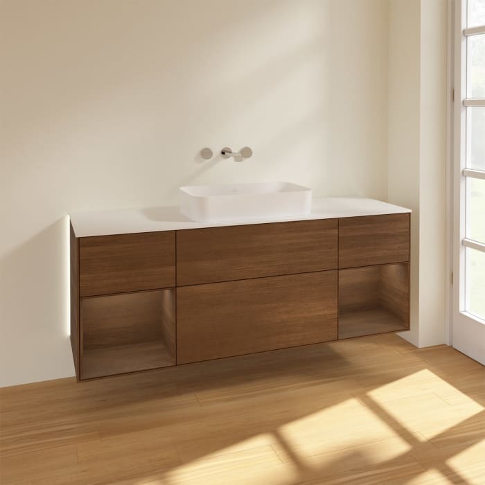 Villeroy & Boch Finion Waschtischunterschrank 160 cm mit Regalelement links und rechts und Abdeckplatte, mit Wandbeleuchtung