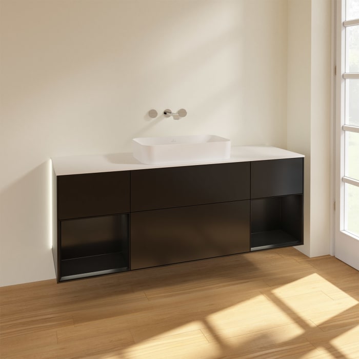 Villeroy & Boch Finion Waschtischunterschrank 160 cm mit Regalelement links und rechts und Abdeckplatte, mit Wandbeleuchtung