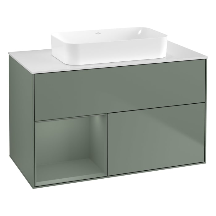 Villeroy & Boch Finion Waschtischunterschrank 100 cm mit Regalelement links und Abdeckplatte, mit Wandbeleuchtung