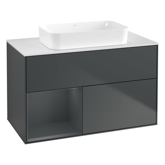 Villeroy & Boch Finion Waschtischunterschrank 100 cm mit Regalelement links und Abdeckplatte, mit Wandbeleuchtung