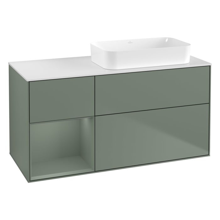 Villeroy & Boch Finion Waschtischunterschrank 120 cm mit Regalelement links und Abdeckplatte, mit Wandbeleuchtung