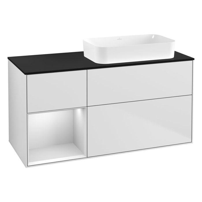 Villeroy & Boch Finion Waschtischunterschrank 120 cm mit Regalelement links und Abdeckplatte, mit Wandbeleuchtung