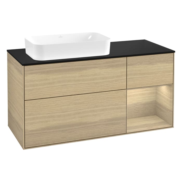 Villeroy & Boch Finion Waschtischunterschrank 120 cm mit Regalelement rechts und Abdeckplatte, mit Wandbeleuchtung