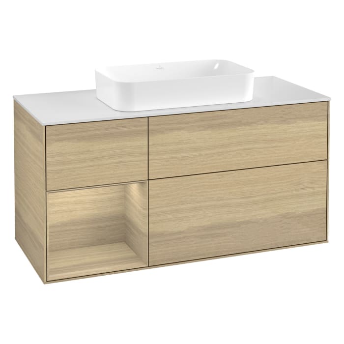 Villeroy & Boch Finion Waschtischunterschrank 120 cm mit Regalelement links und Abdeckplatte, mit Wandbeleuchtung