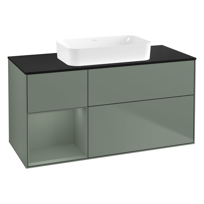 Villeroy & Boch Finion Waschtischunterschrank 120 cm mit Regalelement links und Abdeckplatte, mit Wandbeleuchtung