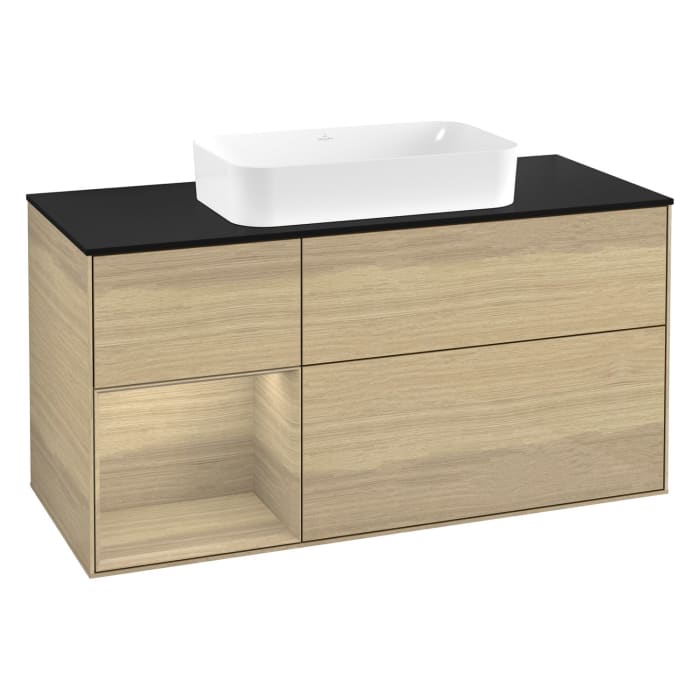 Villeroy & Boch Finion Waschtischunterschrank 120 cm mit Regalelement links und Abdeckplatte, mit Wandbeleuchtung