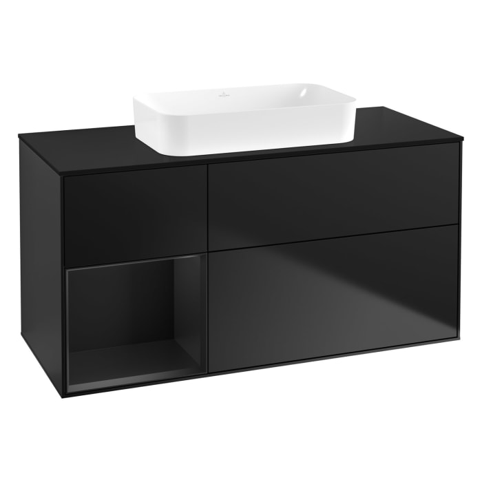 Villeroy & Boch Finion Waschtischunterschrank 120 cm mit Regalelement links und Abdeckplatte, mit Wandbeleuchtung