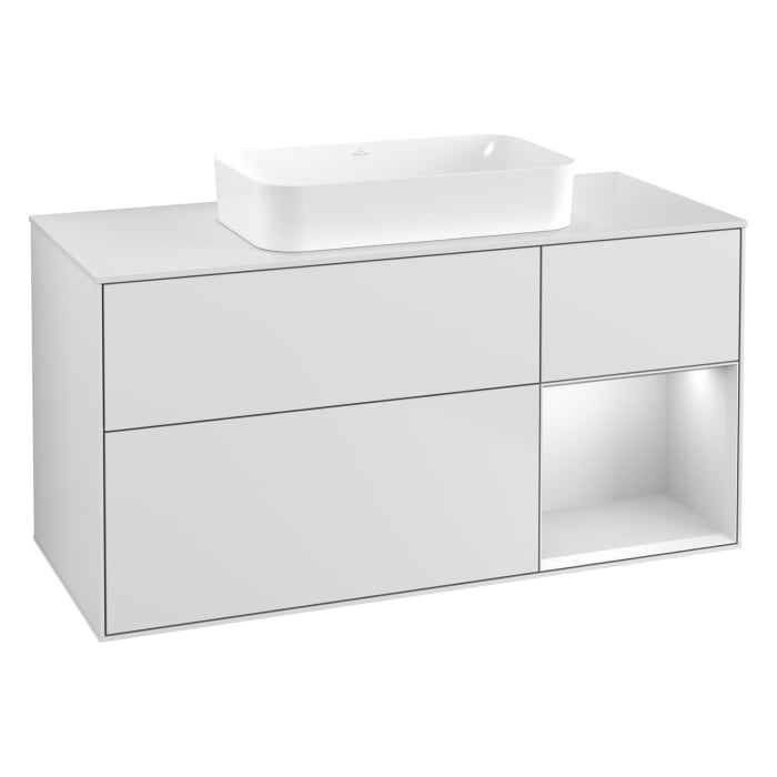 Villeroy & Boch Finion Waschtischunterschrank 120 cm mit Regalelement rechts und Abdeckplatte, mit Wandbeleuchtung