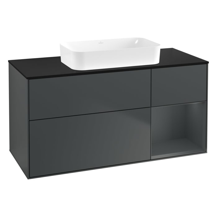 Villeroy & Boch Finion Waschtischunterschrank 120 cm mit Regalelement rechts und Abdeckplatte, mit Wandbeleuchtung