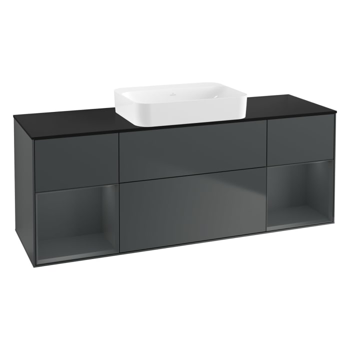 Villeroy & Boch Finion Waschtischunterschrank 160 cm mit Regalelement links und rechts und Abdeckplatte, mit Wandbeleuchtung