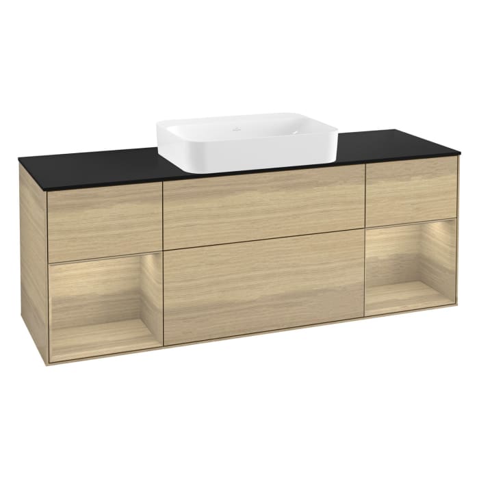 Villeroy & Boch Finion Waschtischunterschrank 160 cm mit Regalelement links und rechts und Abdeckplatte, mit Wandbeleuchtung