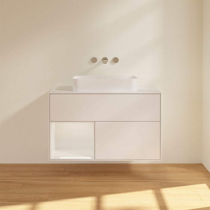 Villeroy & Boch Finion Waschtischunterschrank 100 cm mit Regalelement links und Abdeckplatte, mit Wandbeleuchtung