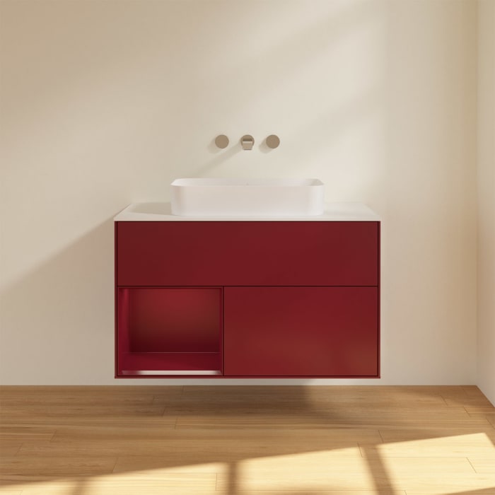 Villeroy & Boch Finion Waschtischunterschrank 100 cm mit Regalelement links und Abdeckplatte, mit Wandbeleuchtung