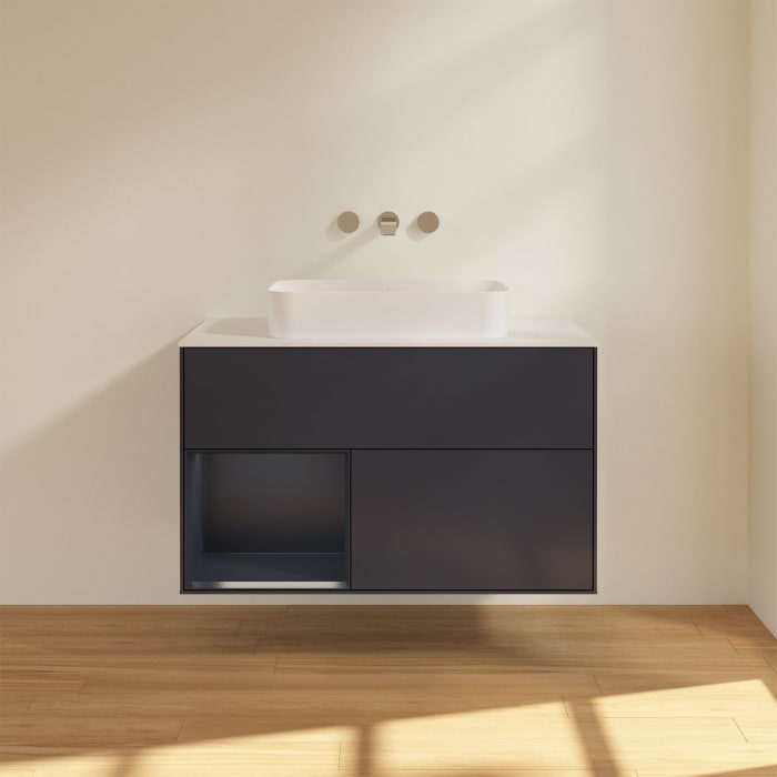 Villeroy & Boch Finion Waschtischunterschrank 100 cm mit Regalelement links und Abdeckplatte, mit Wandbeleuchtung