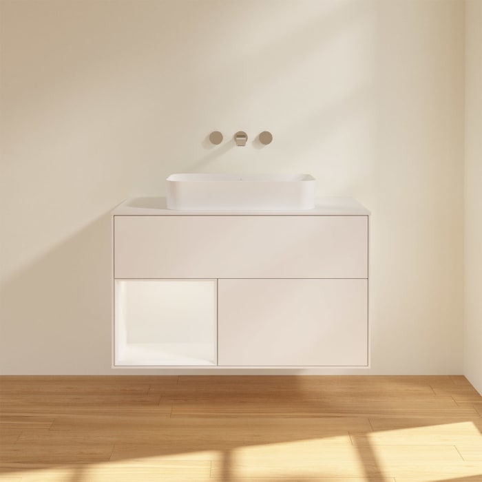 Villeroy & Boch Finion Waschtischunterschrank 100 cm mit Regalelement links und Abdeckplatte, mit Wandbeleuchtung