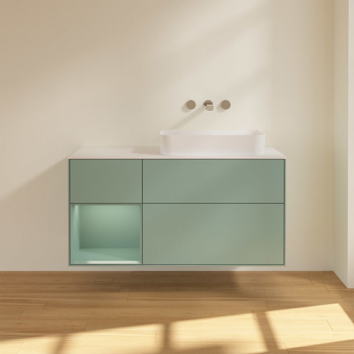 Villeroy & Boch Finion Waschtischunterschrank 120 cm mit Regalelement links und Abdeckplatte, mit Wandbeleuchtung