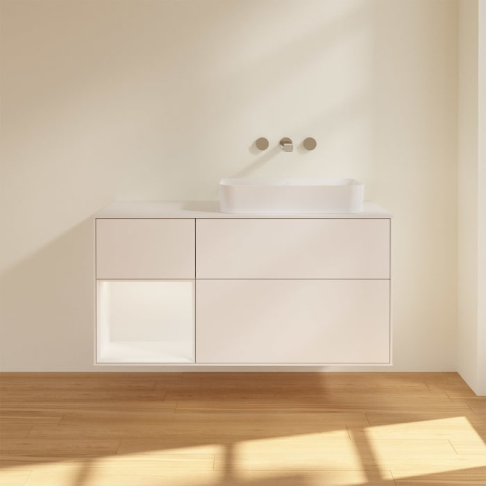 Villeroy & Boch Finion Waschtischunterschrank 120 cm mit Regalelement links und Abdeckplatte, mit Wandbeleuchtung