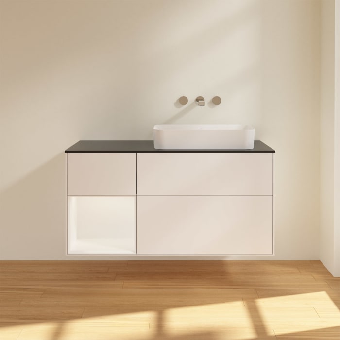 Villeroy & Boch Finion Waschtischunterschrank 120 cm mit Regalelement links und Abdeckplatte, mit Wandbeleuchtung
