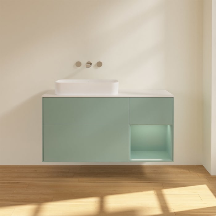 Villeroy & Boch Finion Waschtischunterschrank 120 cm mit Regalelement rechts und Abdeckplatte, mit Wandbeleuchtung