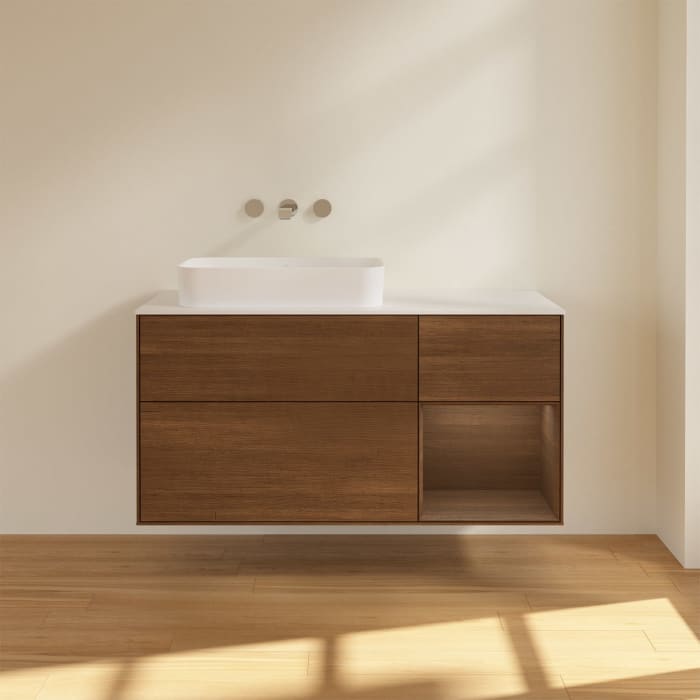 Villeroy & Boch Finion Waschtischunterschrank 120 cm mit Regalelement rechts und Abdeckplatte, mit Wandbeleuchtung